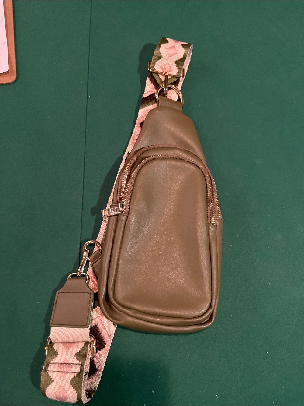 Women's Crossbody Sling Bag in Olive Green with Pink Accent Strap